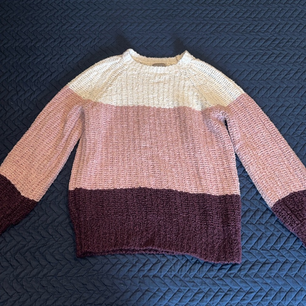 Falls creek white/pink/burgundy striped knit sweater size large!